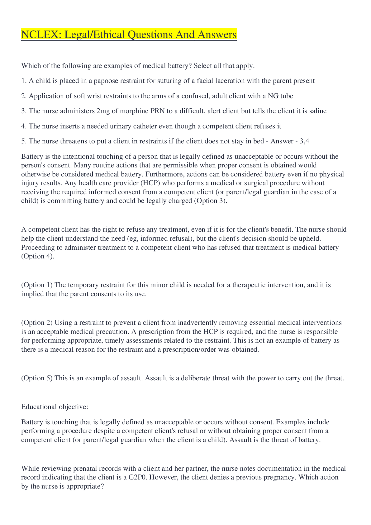 NCLEX Legal/Ethical Questions And Answers 2022/2023 Browsegrades
